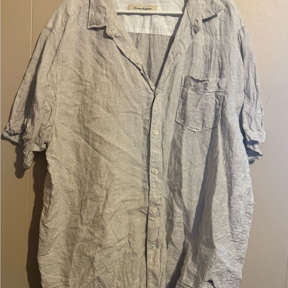 TOMMY BAHAMA Men XXL %100 linen  Button-Up with‎ Logo Shirt Pocket Short Sleeve